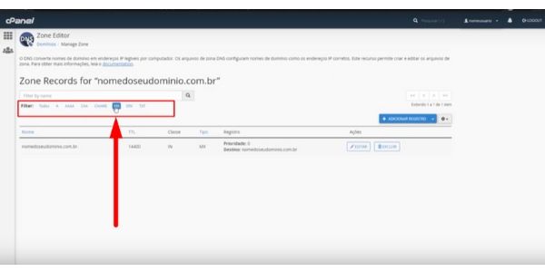 clique no filtro mx em zone records do cpanel