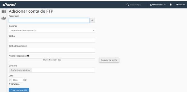 como criar contas de ftp no cpanel