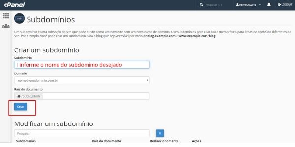 criar subdomínio no cpanel