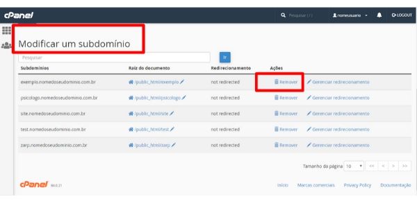 remover subdomínio cpanel