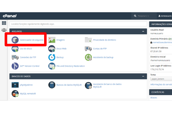 acesse o gerenciador de arquivos no cpanel