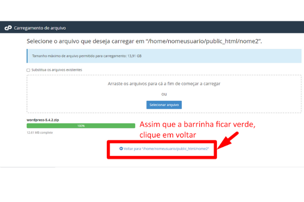 clique em voltar apos o upload dos arquivos wordpress finalizar com sucesso