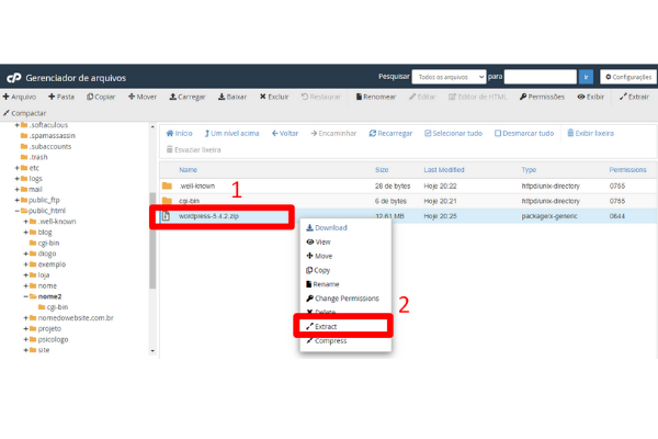 como extrair os arquivos wordpress do wordpress no cpanel