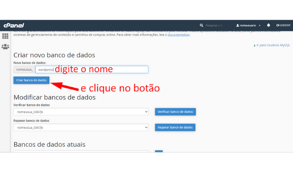 criar novo banco de dadosno cpanel