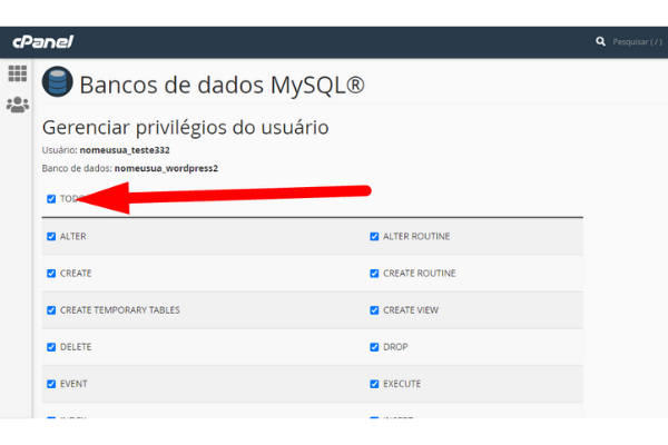 gerenciar privilegios do usuario cpanel - dando todos os privelegios