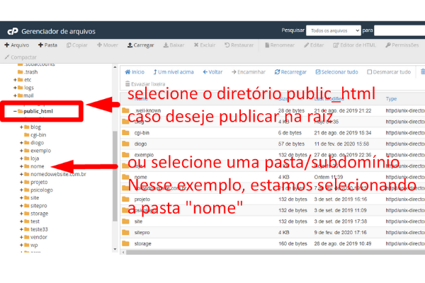 selecione public-html ou um subdominio